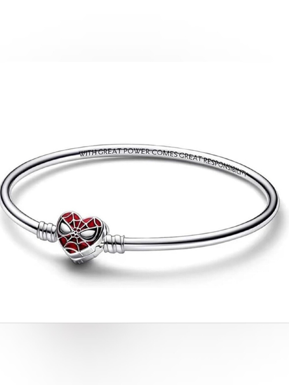 Heart Spider Charm Silver Bangle Bracelet - Red